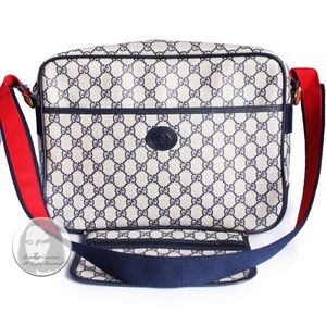 Gucci Messenger Bag GG Plus Canvas Travel Carry On Removable Pouch Navy Vintage